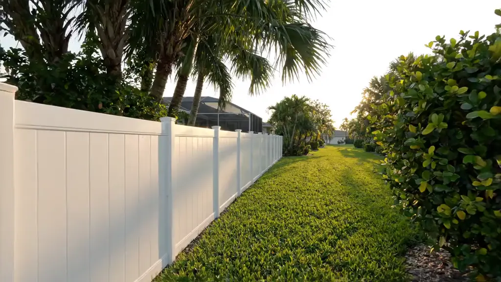 A white vinyl privacy fence running along the side of a single-storey Florida home.